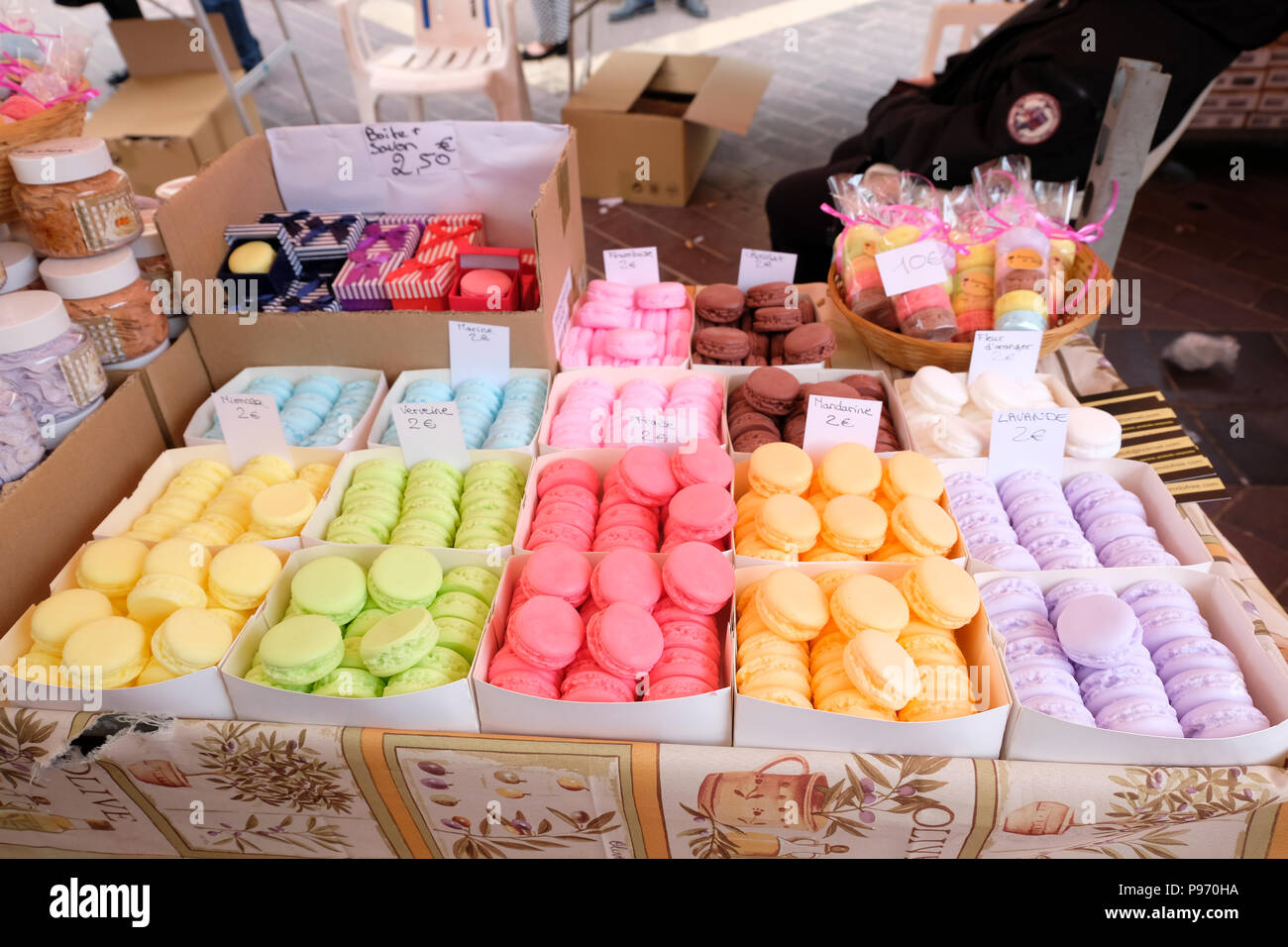 Nice, France. Pastel coloured Macarons on sale in street market Stock Photo