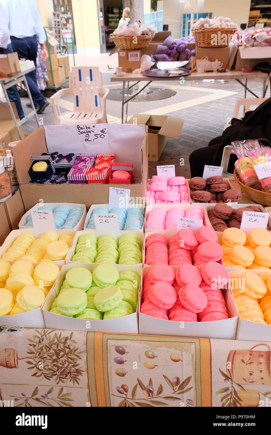 Nice, France. Pastel coloured Macarons on sale in street market Stock Photo