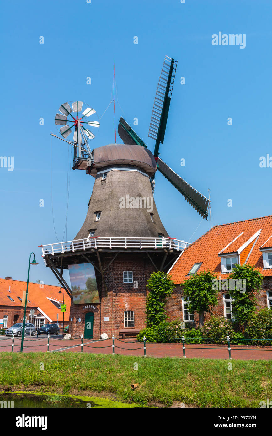 Windmühle, Windmühlenstrasse, Galerie-Holländer, Dutch-kind windmill, Grossefehn, East Frisia, Lower Saxony, Germany, Europe Stock Photo