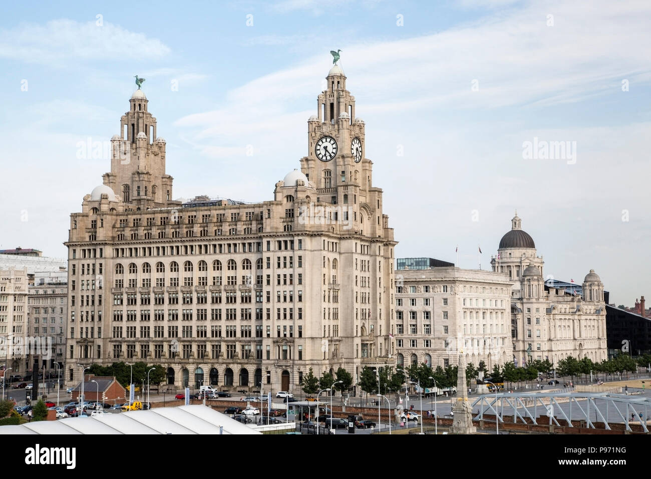 view of the Liver Building on Liverpool Pier head showing clock towers and surrounding environment Stock Photo