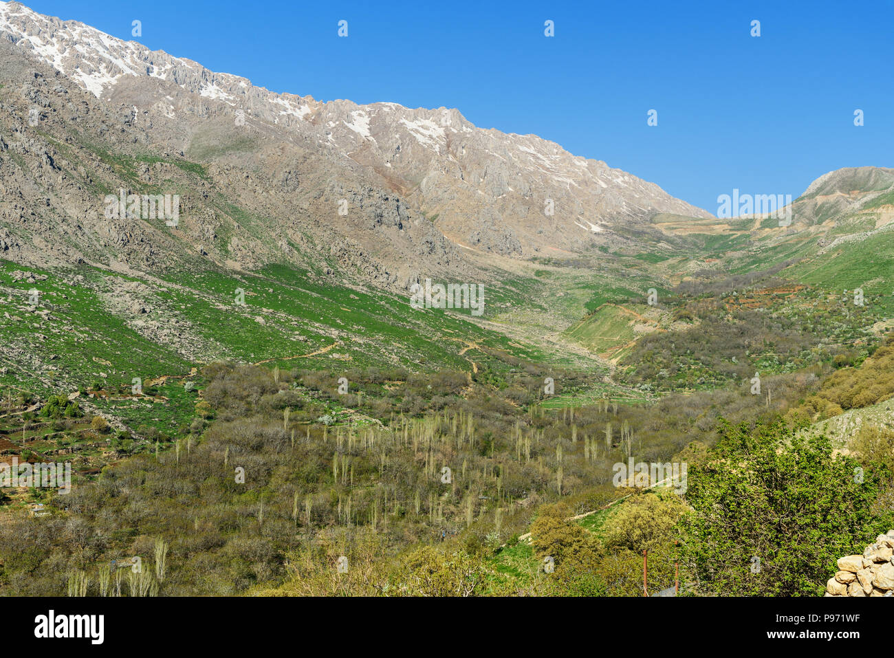 View on Howraman Valley with typical Kurdish village in Zagros Mountain. Kurdistan Province, Iran. Stock Photo