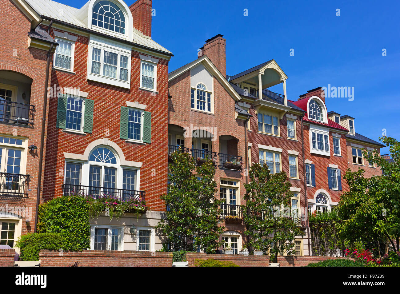 Modern houses facing Old Town Alexandria waterfront in Virginia, USA. Highly sought after