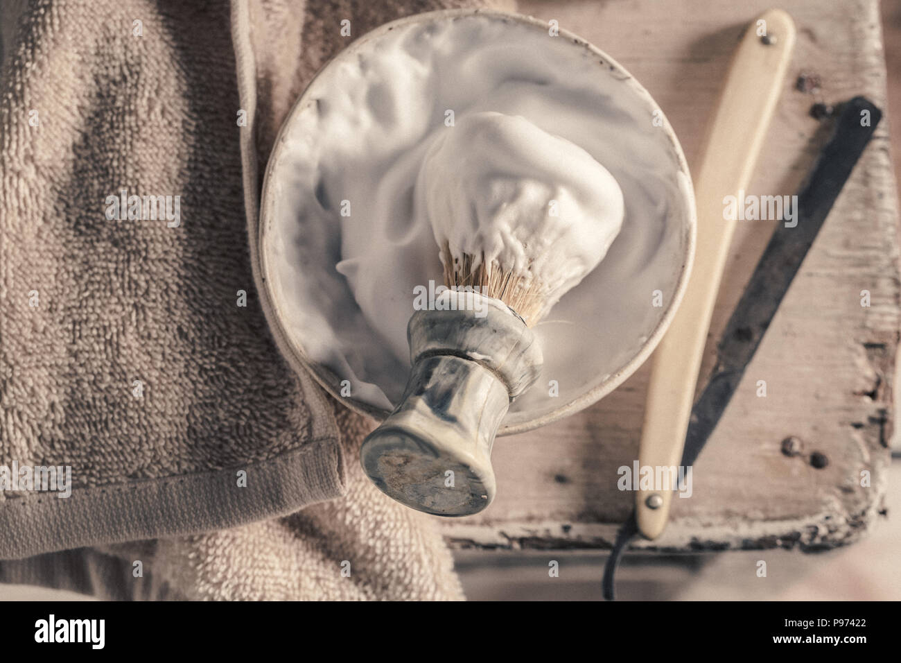 Unique shaving set with foam, razor and brush Stock Photo - Alamy
