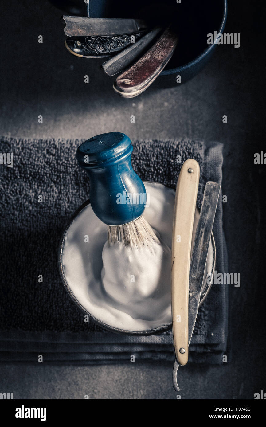 Vintage tools for shave with brush, razor, soap Stock Photo Alamy