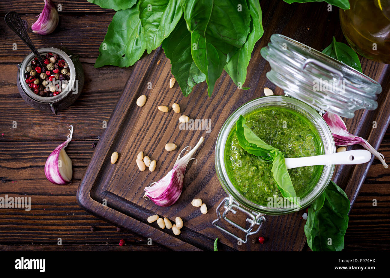 Curated visual reference: Visual Reference: Homemade Pesto Sauce Fresh Basil Pine Nuts And Garlic On