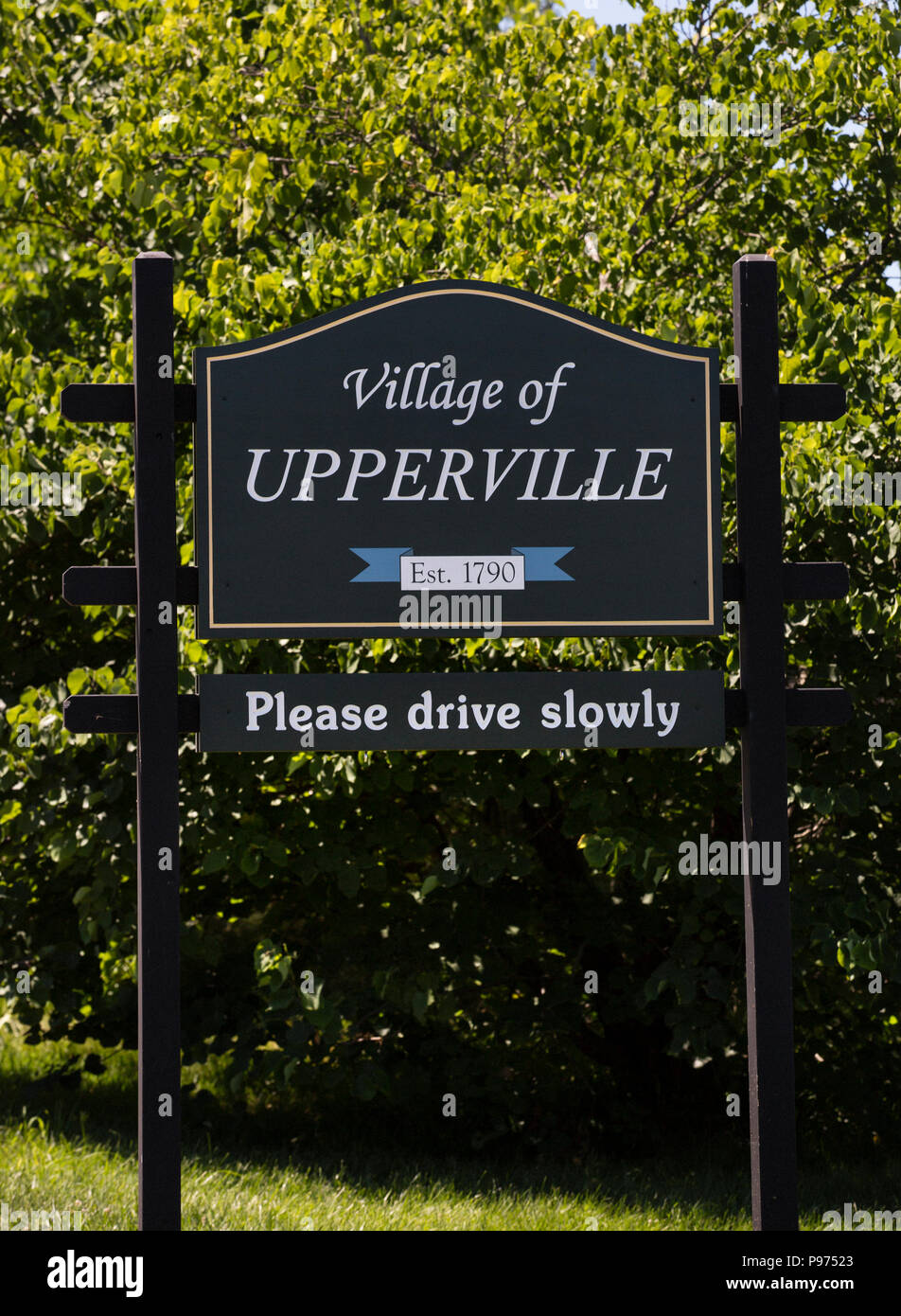 Welcome sign to the town of Upperville Virginia in Fauquier County. Stock Photo