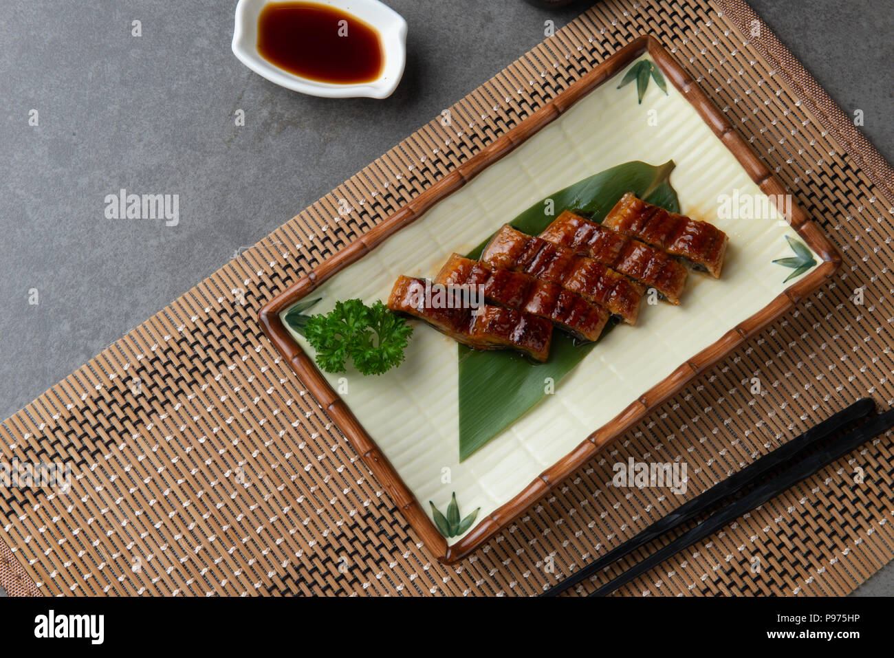 Japanese eel grilled or Unagi ibaraki set on plate Stock Photo