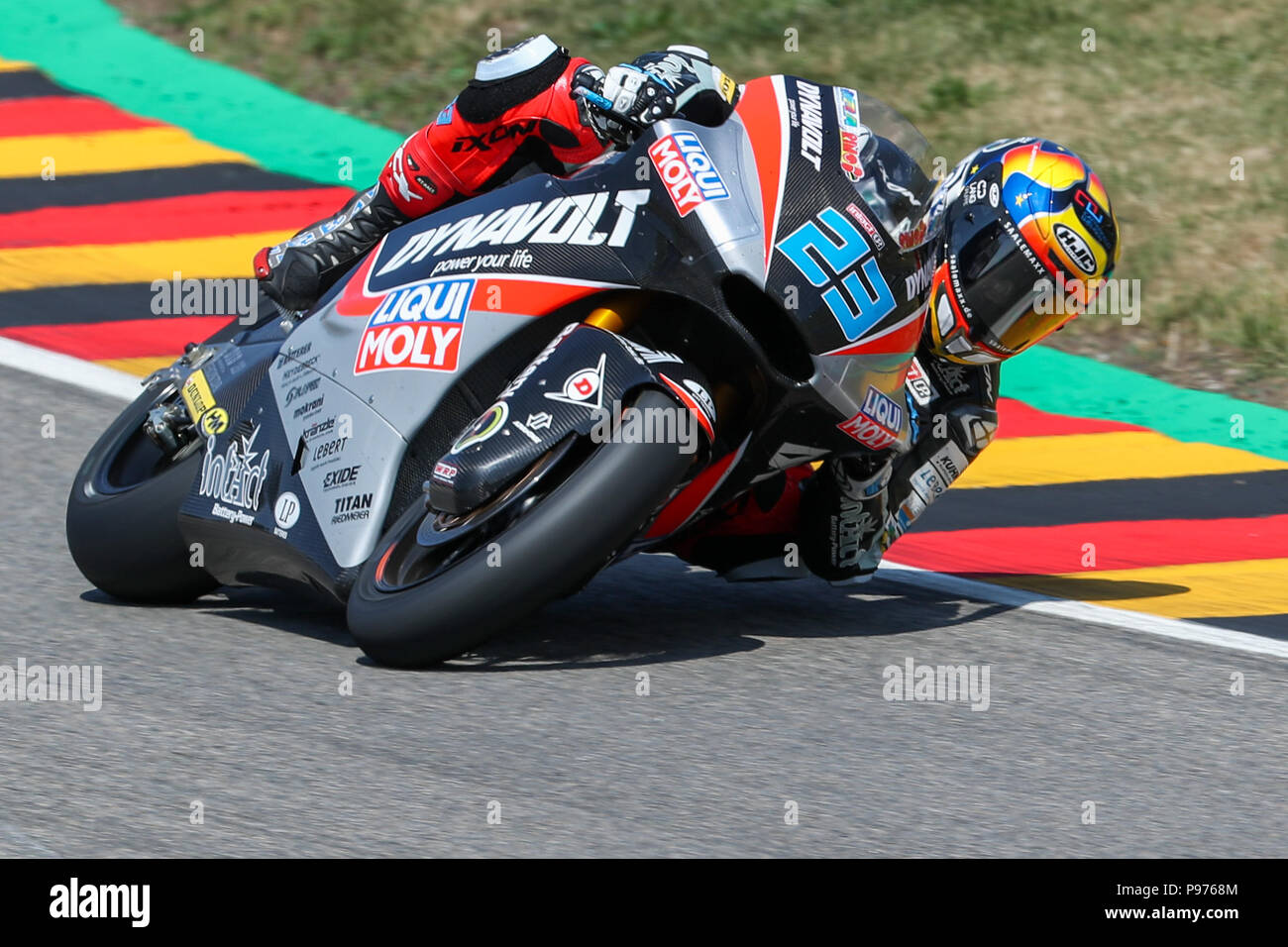 Hohenstein-Ernstthal, Germany. 15th July, 2018. German motorcycle Grand Prix, Moto2 at the Sachsenring: Marcel Schroetter (Germany, Dynavolt Intact GP) in action. Credit: Jan Woitas/dpa-Zentralbild/dpa/Alamy Live News Stock Photo