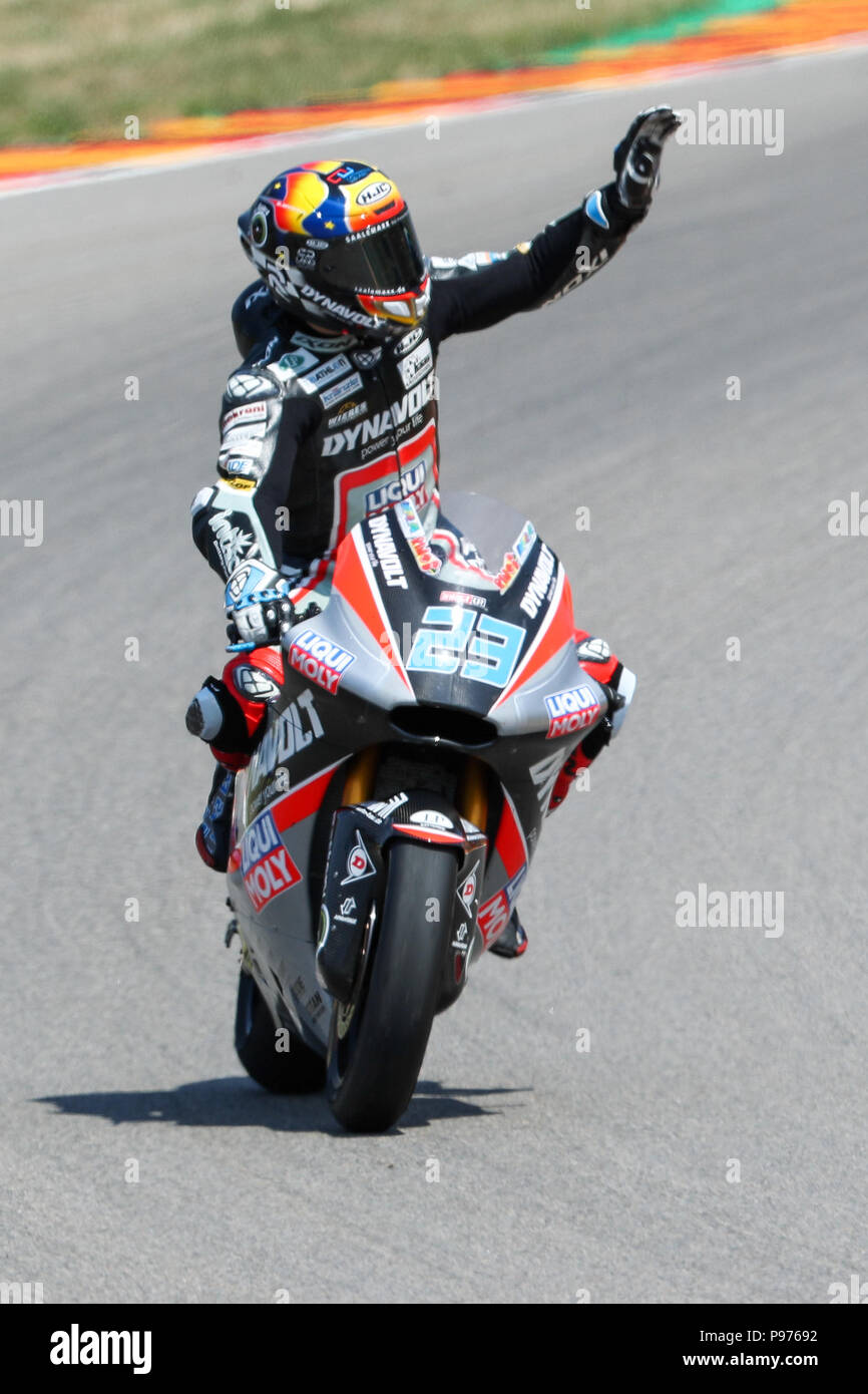 Hohenstein-Ernstthal, Germany. 15th July, 2018. German motorcycle Grand Prix, Moto2 at the Sachsenring: Marcel Schroetter (Germany, Dynavolt Intact GP) thanks the fans after the race. Credit: Jan Woitas/dpa-Zentralbild/dpa/Alamy Live News Stock Photo