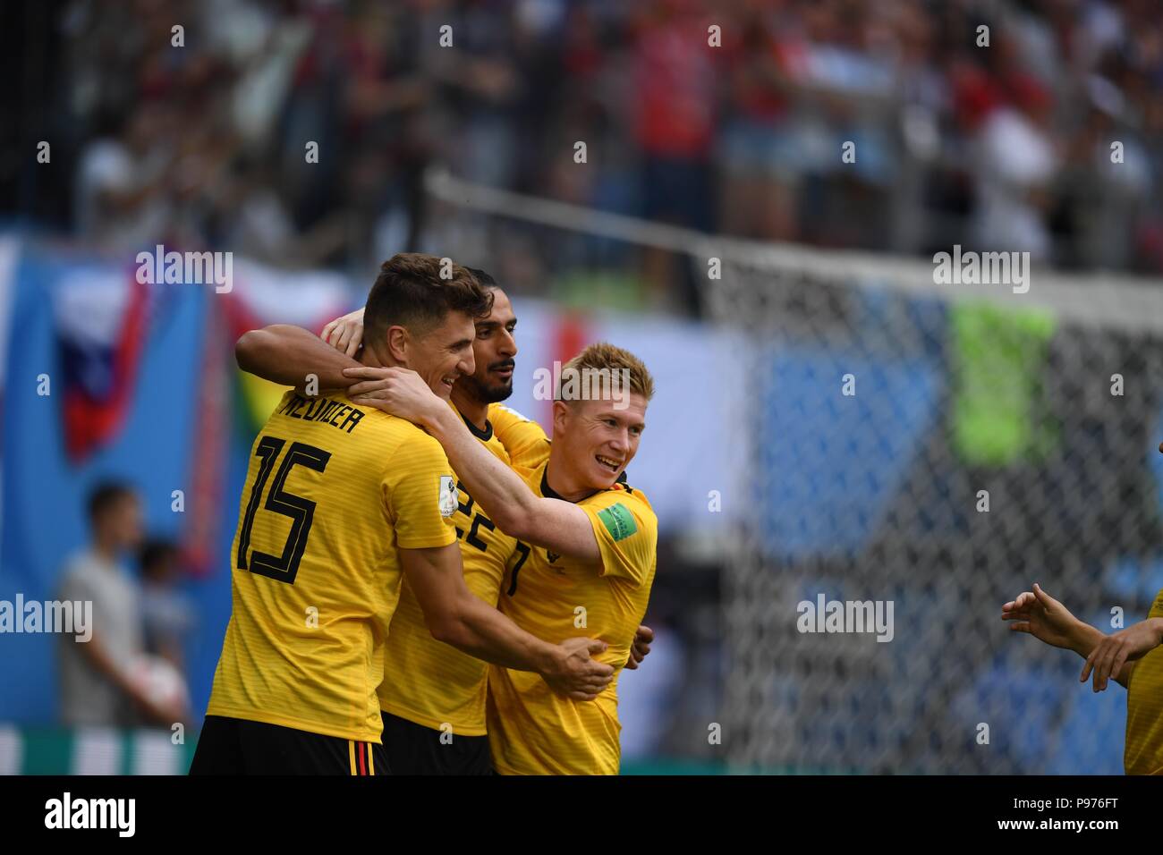 July 14th, 2018, St Petersburg, Russia. Thomas Meunier and his team mates are celebrate after his first goal of match during 2018 FIFA World Cup Russia Final match between England and Belgium at Saint-Petersburg Stadium, Russia. Shoja Lak/Alamy Live News Stock Photo