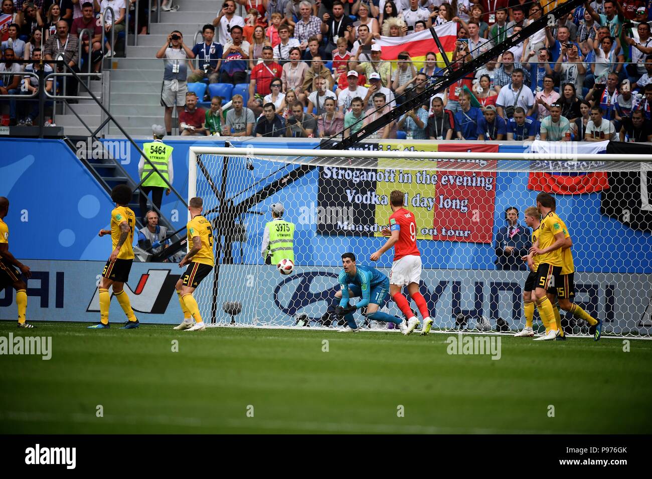 July 14th, 2018, St Petersburg, Russia. Thibaut Courtois( goal Keeper) of Belgium in action during the 2018 FIFA World Cup Russia match between England and Belgium at Saint-Petersburg Stadium, Russia. Shoja Lak/Alamy Live News Stock Photo