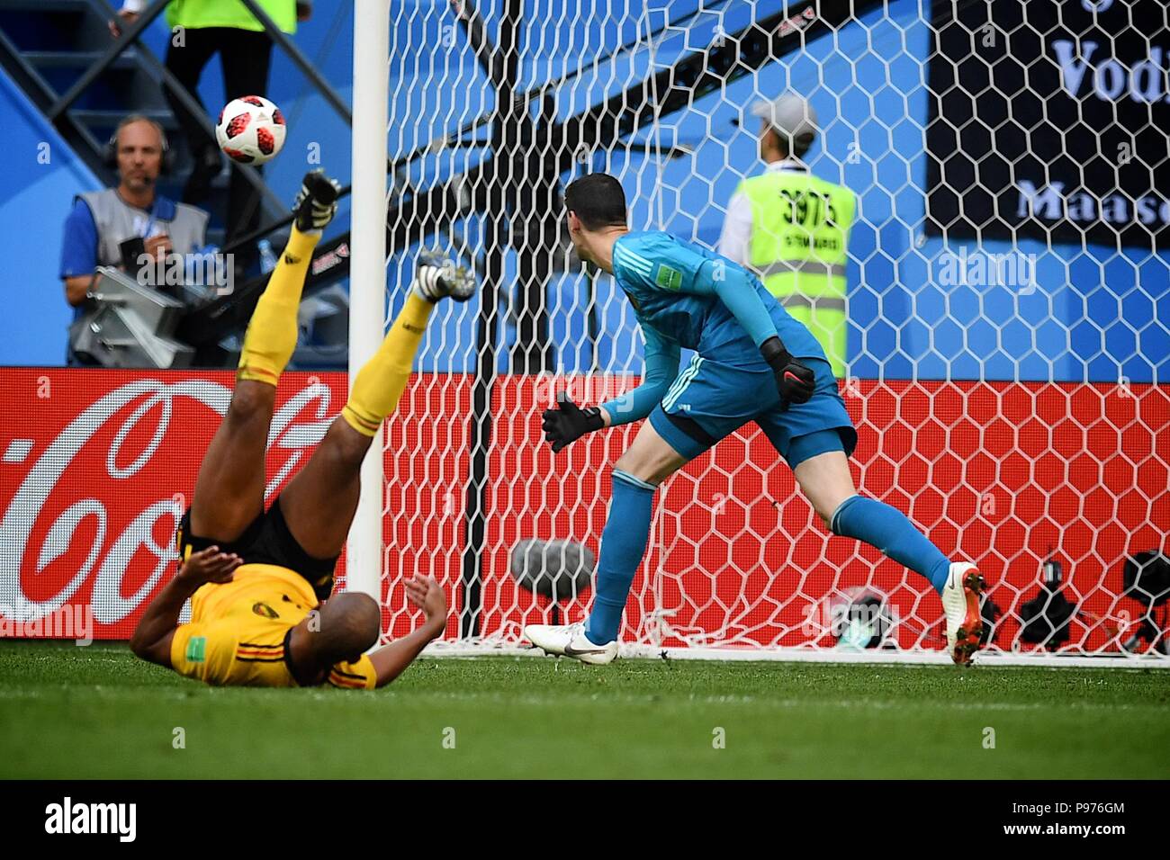 July 14th, 2018, St Petersburg, Russia. Thilaut Courtois and Vincent Kompany of Belgium in action during the 2018 FIFA World Cup Russia match between England and Belgium at Saint-Petersburg Stadium, Russia. Shoja Lak/Alamy Live News Stock Photo