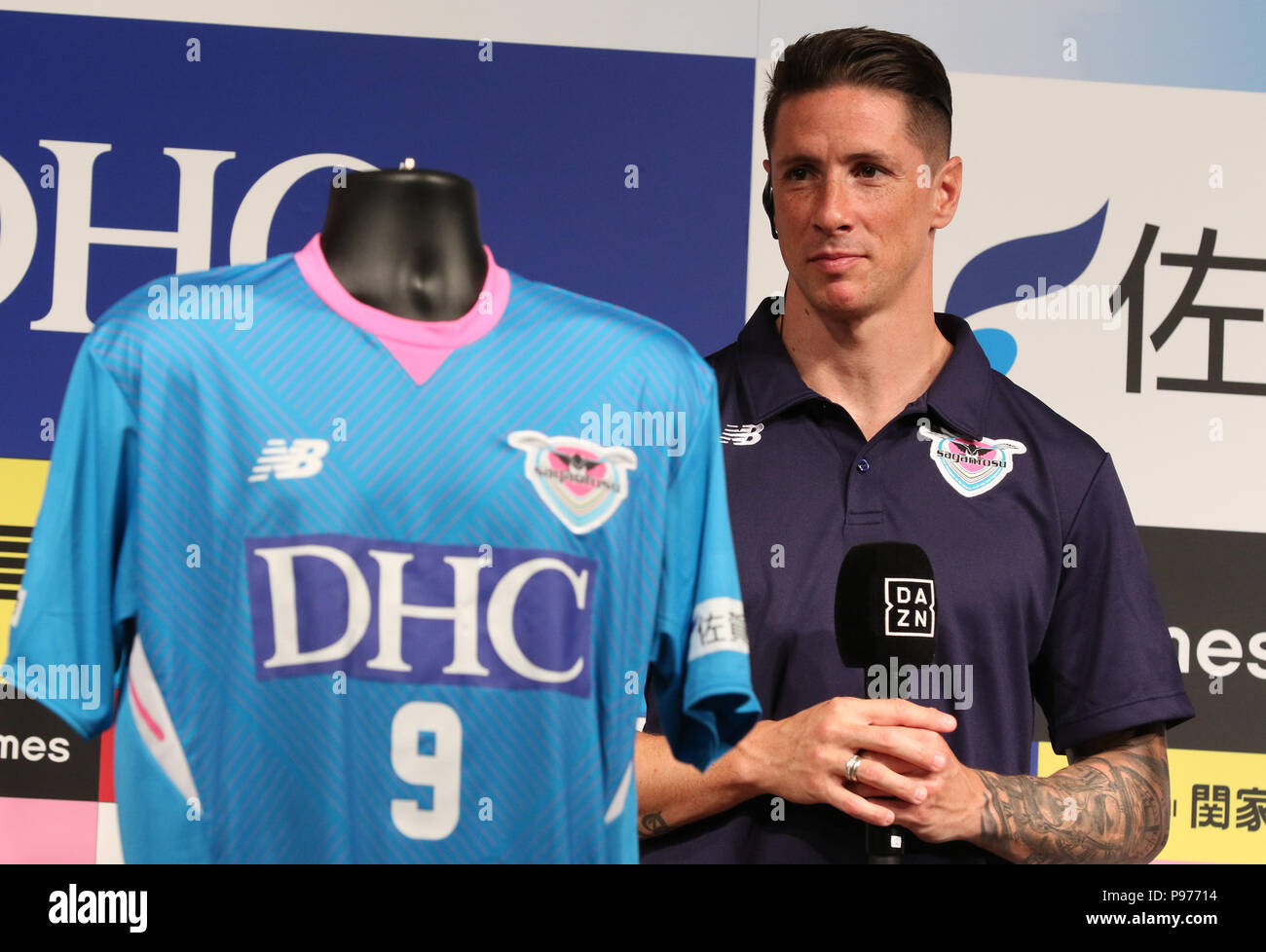 Tokyo, Japan. 15th July 2018. Tokyo, Japan. 15th July, 2018. Spanish  striker Fernando Torres shows his new No.9 jersey as he joins Japanese  professional football league J-League club team Sagan Tosu in
