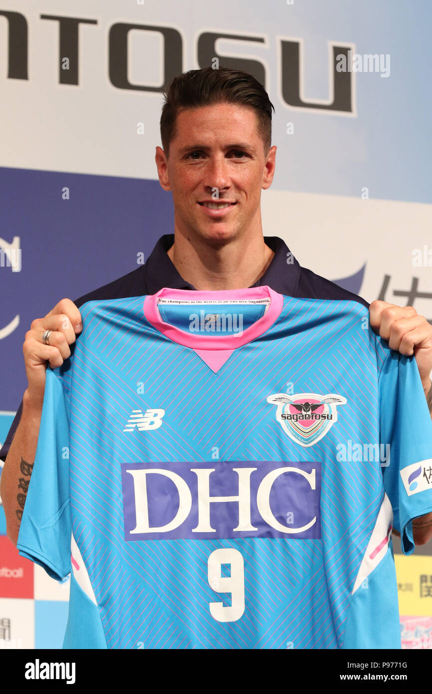Tokyo, Japan. 15th July 2018. Tokyo, Japan. 15th July, 2018. Spanish  striker Fernando Torres shows his new No.9 jersey as he joins Japanese  professional football league J-League club team Sagan Tosu in