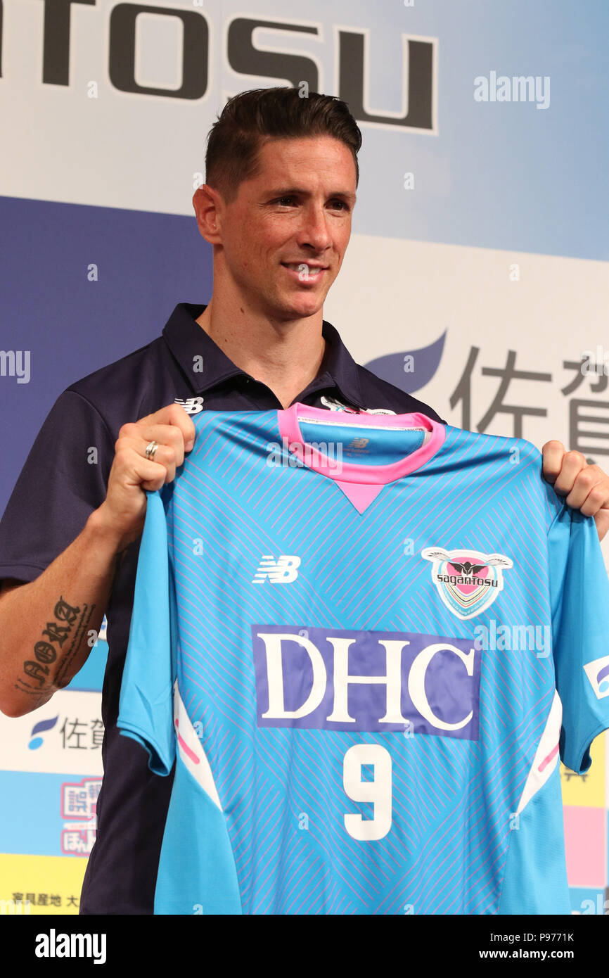 Tokyo, Japan. 15th July 2018. Tokyo, Japan. 15th July, 2018. Spanish  striker Fernando Torres shows his new No.9 jersey as he joins Japanese  professional football league J-League club team Sagan Tosu in