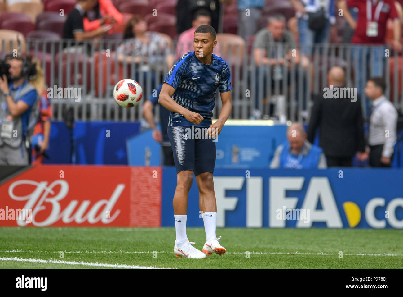 Luzhniki Stadium, Moscow, Russia. 15th July, 2018. FIFA World Cup Football Final, France versus Croatia; Kylian Mbappe of France warming up Credit: Action Plus Sports/Alamy Live News Stock Photo