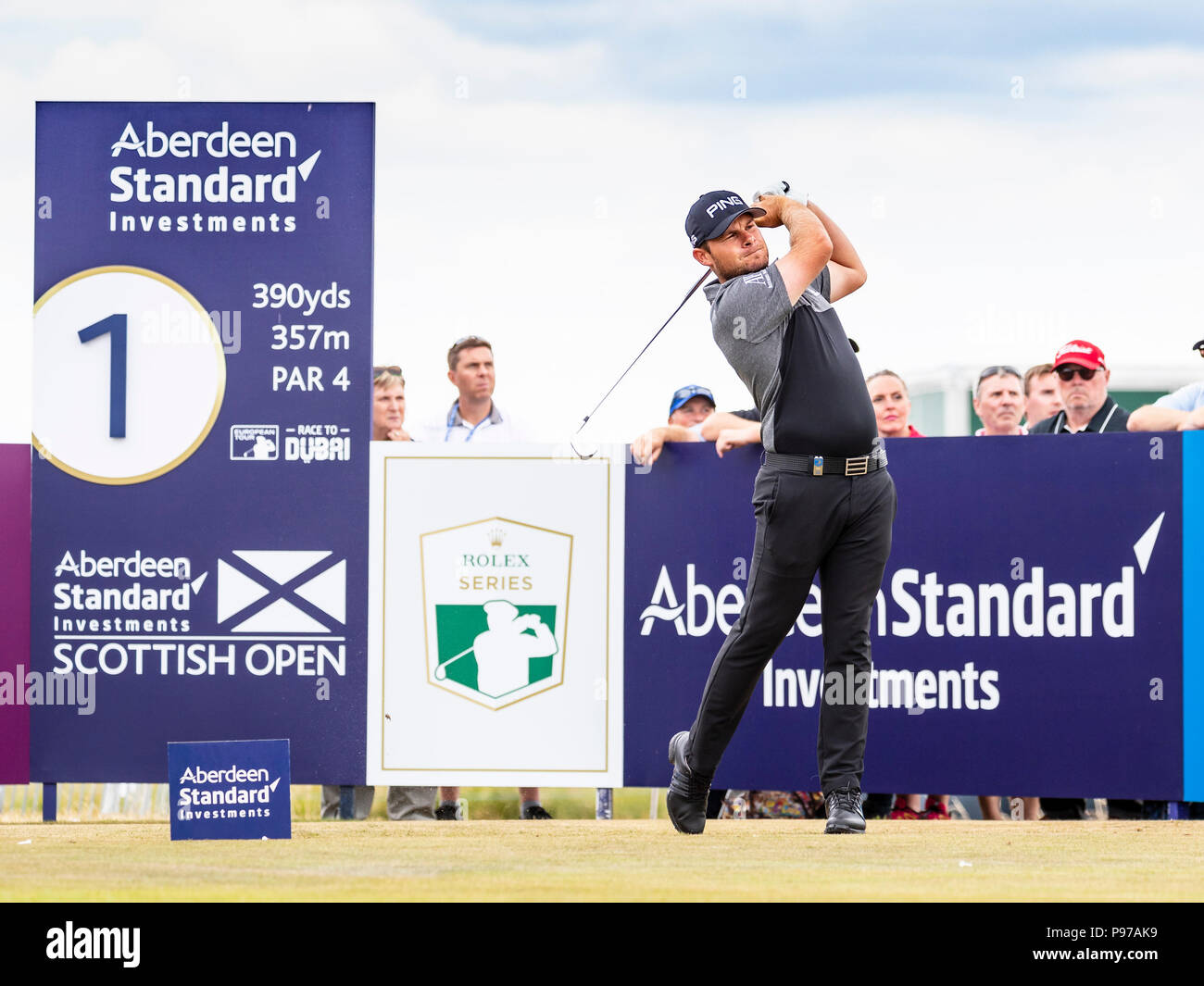 Gullane Golf Club, Gullane, UK. 15th July, 2018. Aberdeen Investments Scottish  Open Golf, 4th round; Tyrrell Hatton on the first tee Credit: Action Plus  Sports/Alamy Live News Stock Photo - Alamy