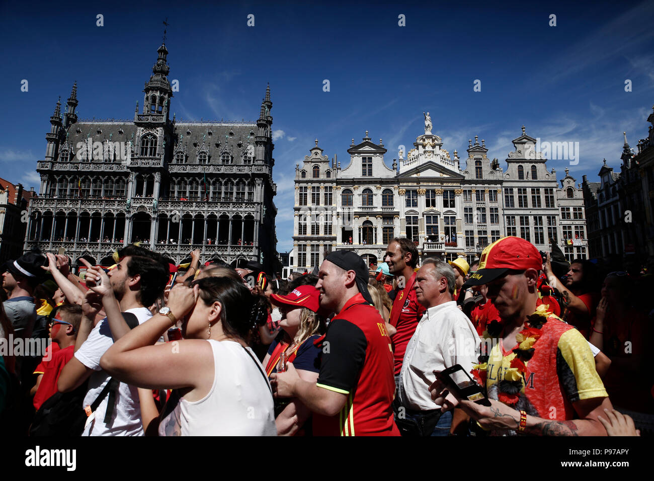 Brussels, Belgium. July 15, 2018.Belgian soccer team fans celebrate as