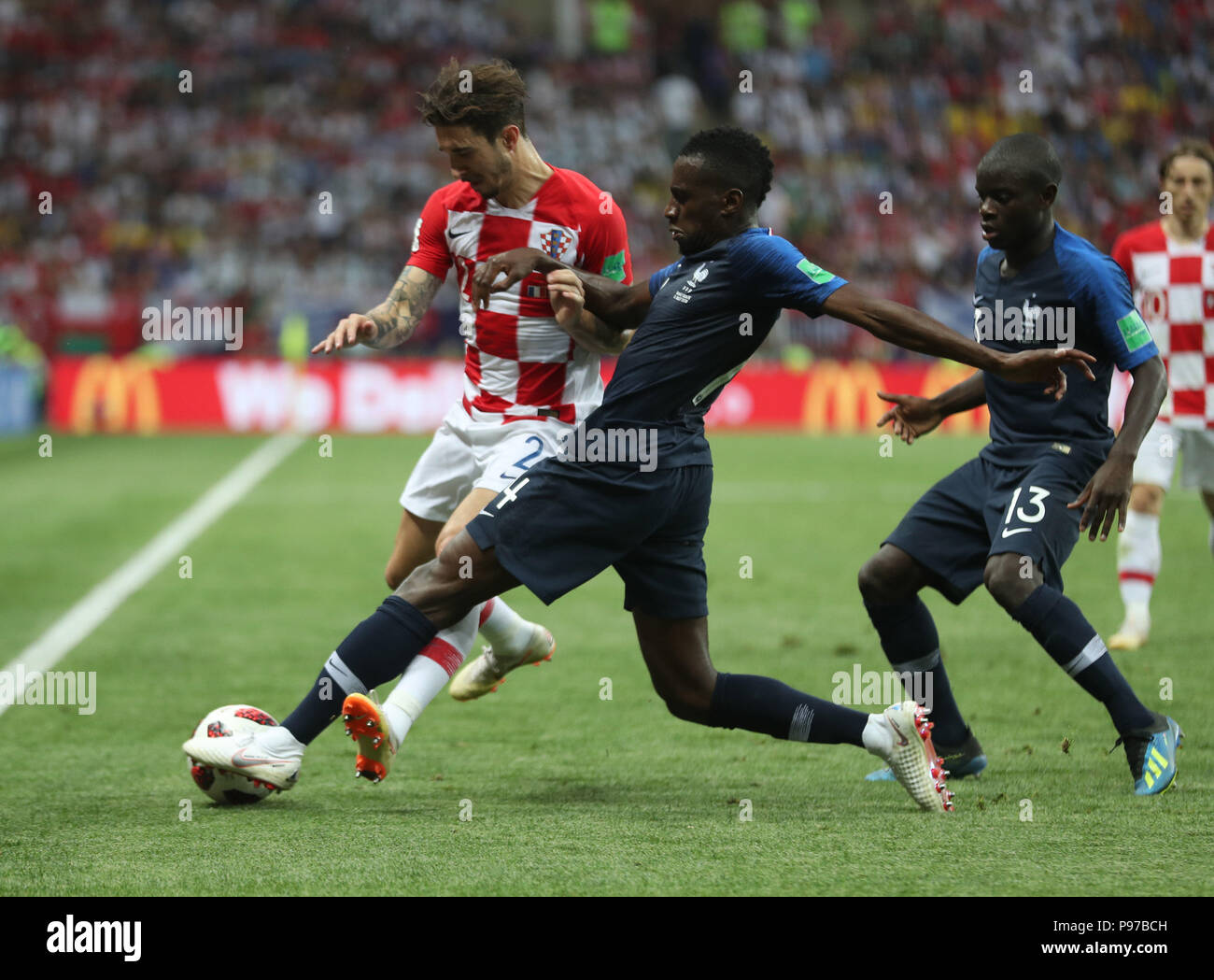 (180715) -- MOSCOW, July 15, 2018 (Xinhua) -- Blaise Matuidi (C) of France vies with Sime Vrsaljko (L) of Croatia during the 2018 FIFA World Cup final match between France and Croatia in Moscow, Russia, July 15, 2018. (Xinhua/Fei Maohua) Stock Photo