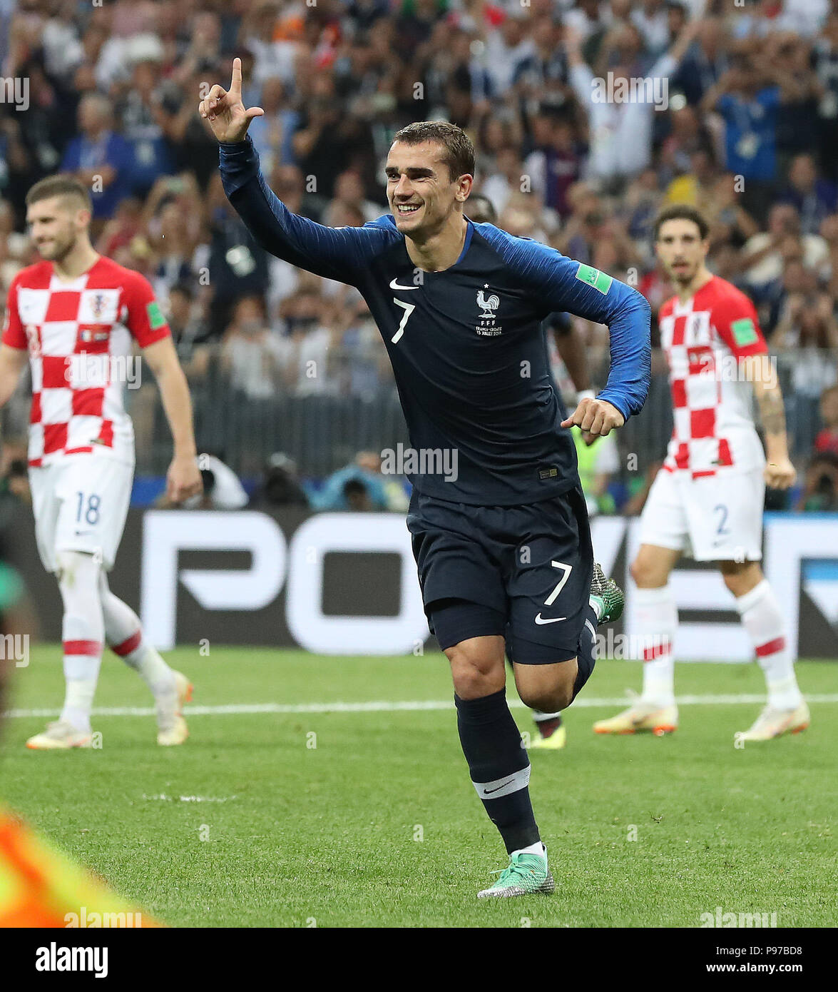 (180715) -- MOSCOW, July 15, 2018 (Xinhua) -- Antoine Griezmann of France celebrates scoring during the 2018 FIFA World Cup final match between France and Croatia in Moscow, Russia, July 15, 2018. (Xinhua/Cao Can) Stock Photo