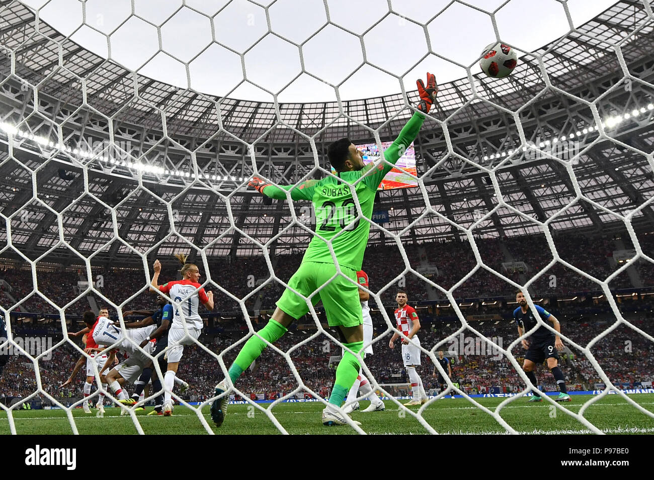 (180715) -- MOSCOW, July 15, 2018 (Xinhua) -- Goalkeeper Danijel Subasic (front) of Croatia fails to save the ball during the 2018 FIFA World Cup final match between France and Croatia in Moscow, Russia, July 15, 2018. (Xinhua/Liu Dawei) Stock Photo