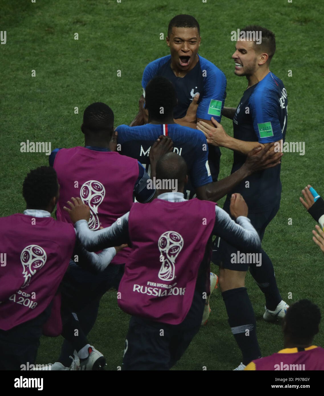 (180715) -- MOSCOW, July 15, 2018 (Xinhua) -- Kylian Mbappe (L top) of France celebrates scoring during the 2018 FIFA World Cup final match between France and Croatia in Moscow, Russia, July 15, 2018. (Xinhua/Wu Zhuang) Stock Photo