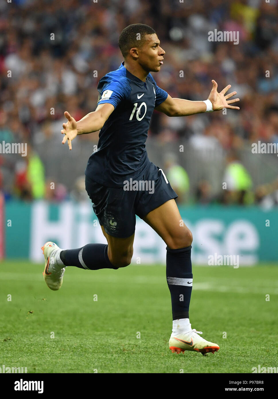 Moscow, Russia. 15th July, 2018. Kylian Mbappe of France celebrates scoring during the 2018 FIFA World Cup final match between France and Croatia in Moscow, Russia, July 15, 2018. Credit: Li Ga/Xinhua/Alamy Live News Stock Photo