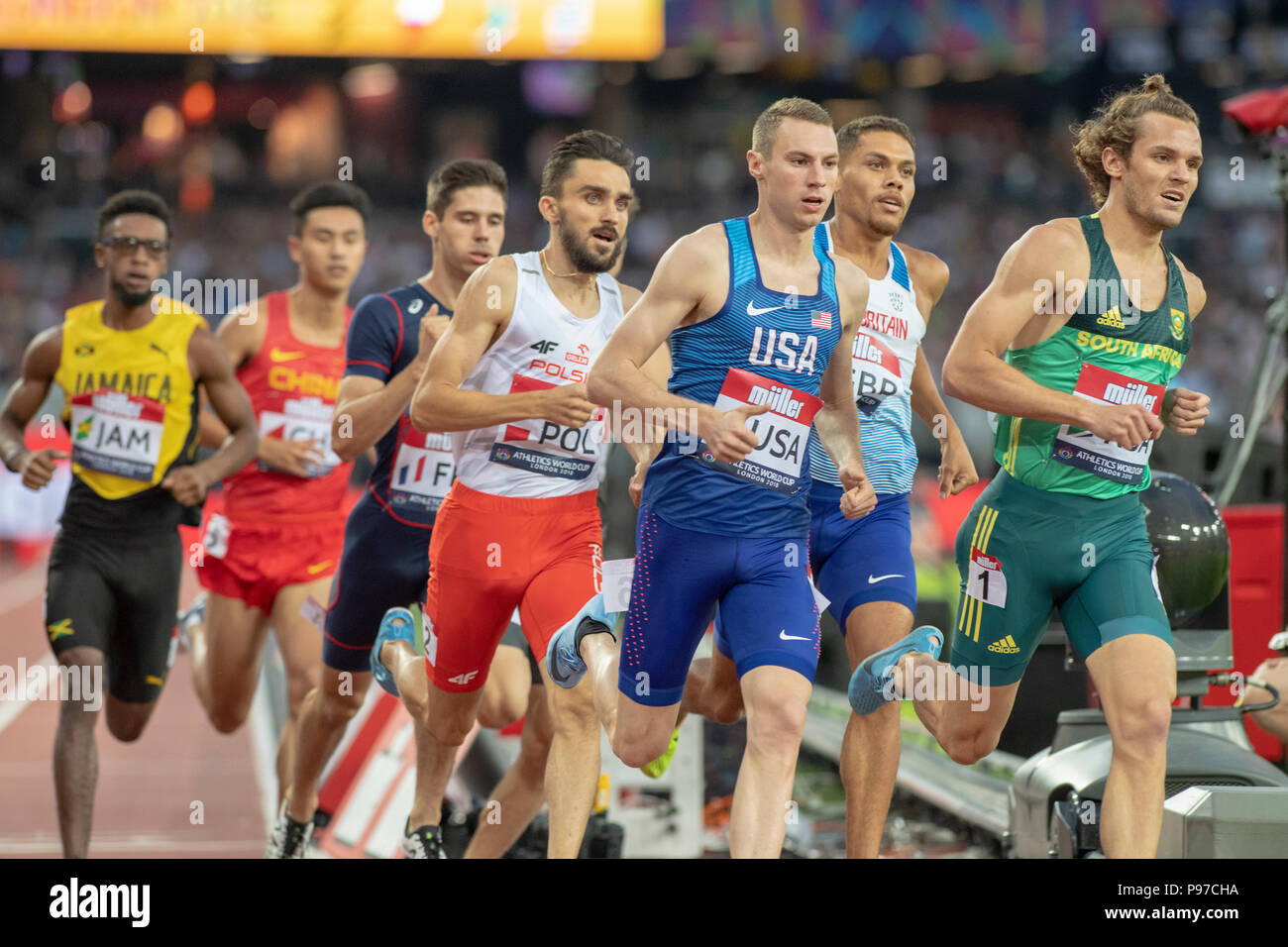 London, UK. 14th July 2018. 800m winner Clayton Murphy (USA) leads second placed Adam Kzczot (POL) at the Athletics World Cup  at the London Stadium, London, Great Britiain, on 14 July 2018. Credit: Andrew Peat/Alamy Live News Stock Photo