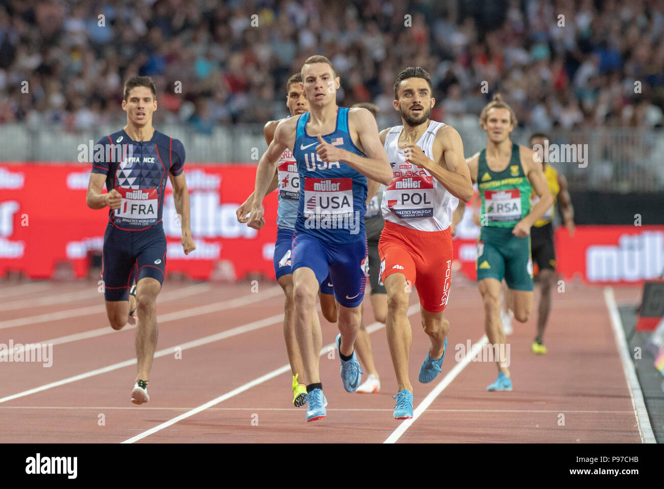 London, UK. 14th July 2018. 800m winner Clayton Murphy (USA) leads second placed Adam Kzczot (POL) at the Athletics World Cup  at the London Stadium, London, Great Britiain, on 14 July 2018. Credit: Andrew Peat/Alamy Live News Stock Photo