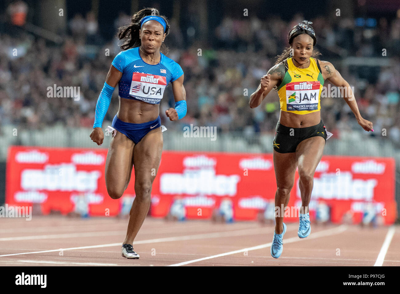 London, UK. 14th July 2018. Ashley Henderson (USA) beat Olympic champion Elaine Thompson (JAM) into 2nd place in the women's 100m at the Athletics World Cup  at the London Stadium, London, Great Britiain, on 14 July 2018. Credit: Andrew Peat/Alamy Live News Stock Photo