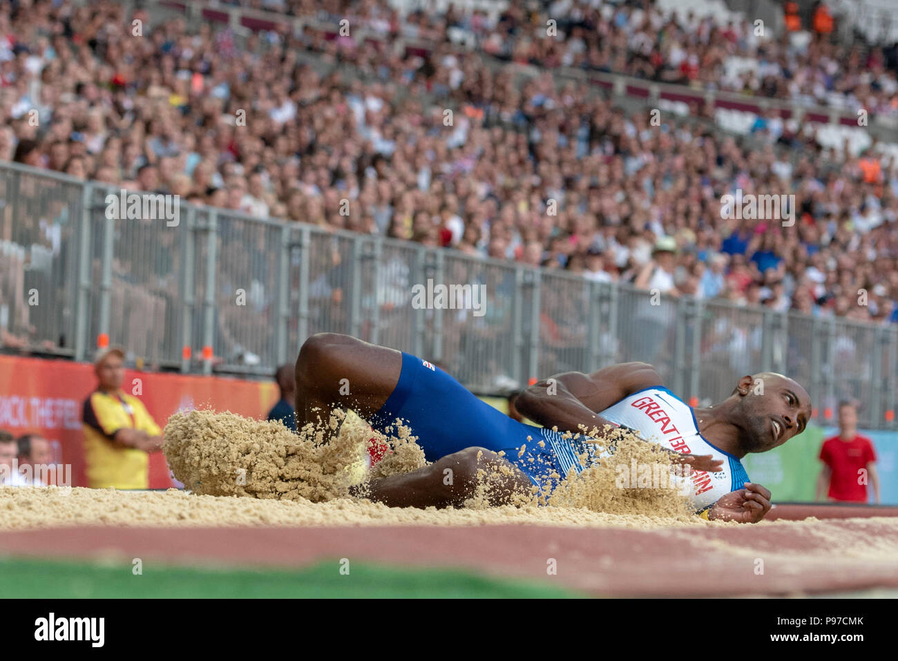 London, UK. 14th July 2018. Nathan Douglas (GBR) in the triple jump at the Athletics World Cup  at the London Stadium, London, Great Britiain, on 14 July 2018. Credit: Andrew Peat/Alamy Live News Stock Photo