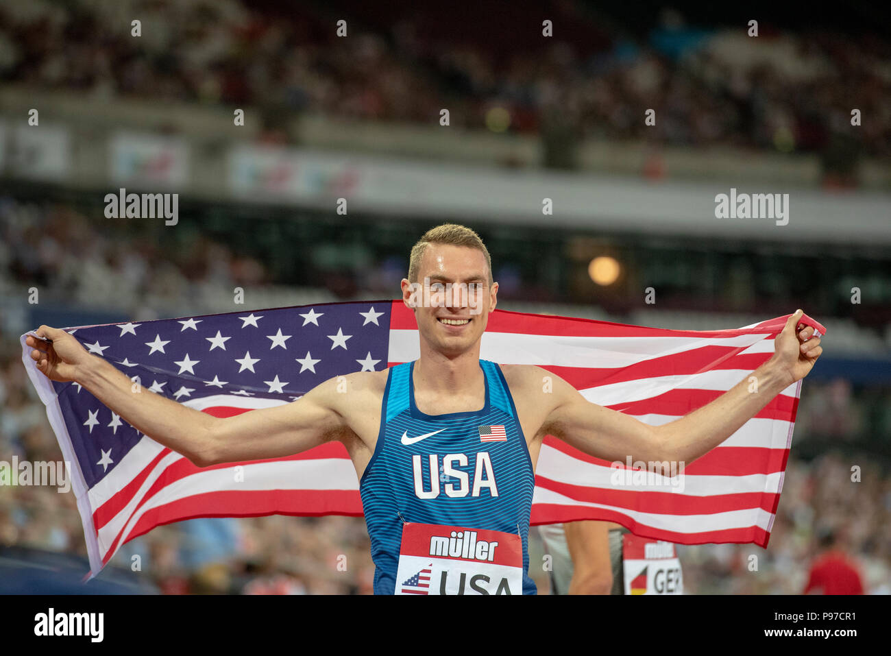 London, UK. 14th July 2018. Clayton Murphy (USA) won the 800m at the Athletics World Cup  at the London Stadium, London, Great Britiain, on 14 July 2018. Credit: Andrew Peat/Alamy Live News Stock Photo