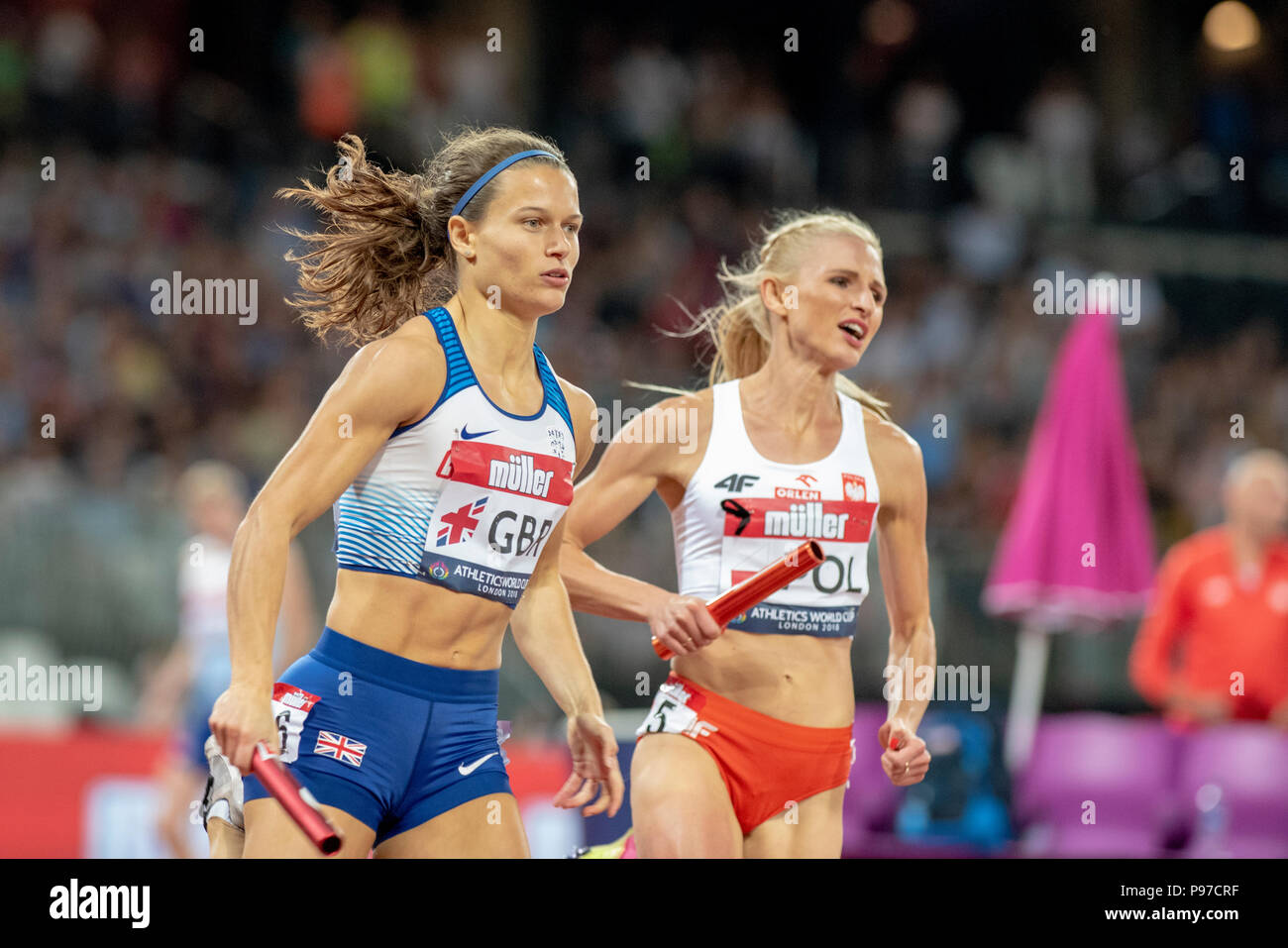 London, UK. 14th July 2018. Zoey Clark (GBR) competes in the 4x400m relays at the Athletics World Cup  at the London Stadium, London, Great Britiain, on 14 July 2018. Credit: Andrew Peat/Alamy Live News Stock Photo