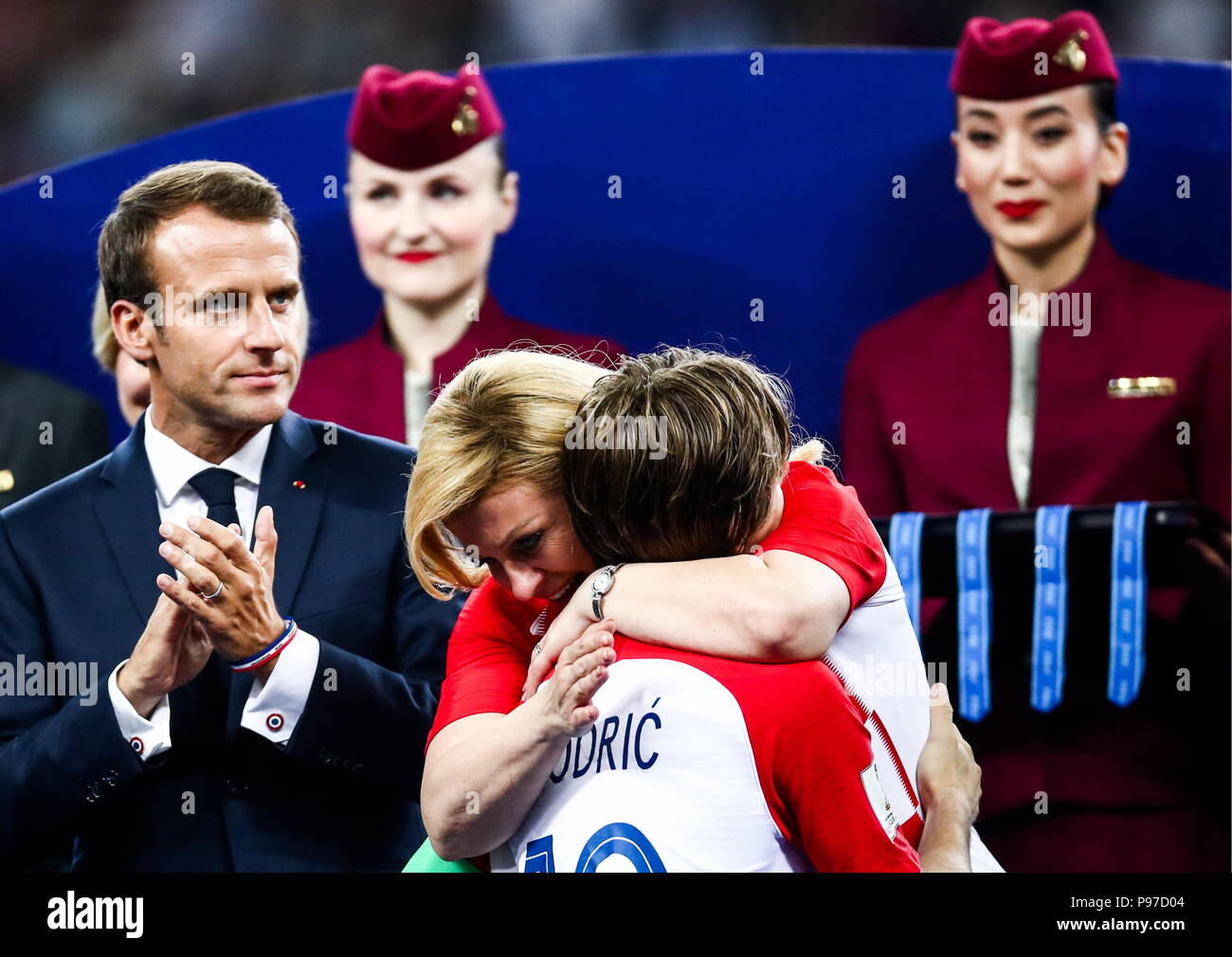 Moscow Russia July 15 2018 France S President Emmanuel Macron Croatia S President Kolinda Grabar Kitarovic And 2018 Fifa World Cup Golden Ball Winner Croatia S Luka Modric L R During An Award Ceremony After The