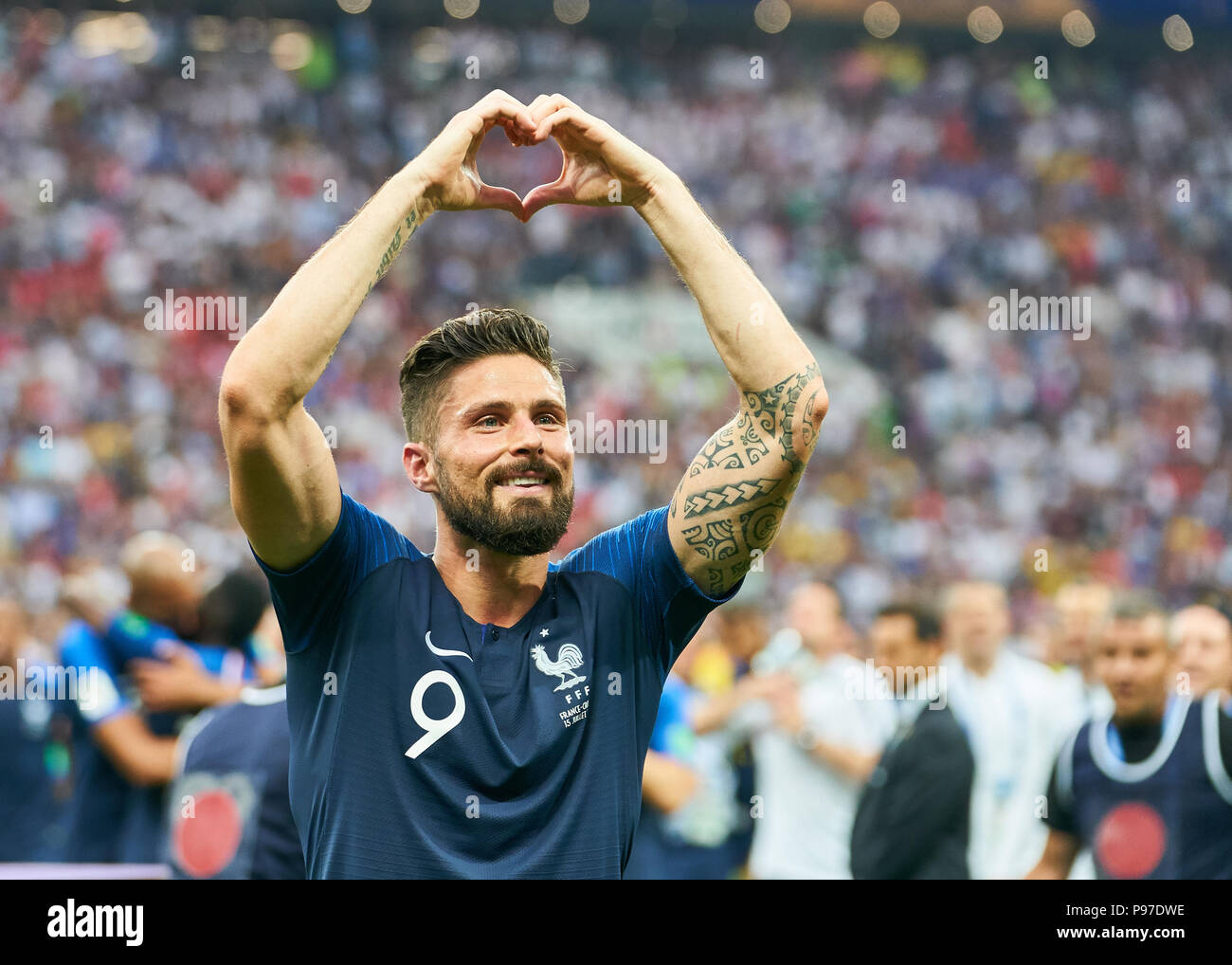 Moscow, Russia. 15th July 2018. Moscow, Russia. 15th July 2018.  Olivier GIROUD, FRA 9    the Official FIFA World Cup Original Trophy, winner, victory, ceremony,  FRANCE  - CROATIA 4-1 Football FIFA WORLD CUP 2018 RUSSIA, Final, Season 2018/2019,  July 15, 2018 in Luzhniki Stadium Moscow, Russia. © Peter Schatz / Alamy Live News Stock Photo