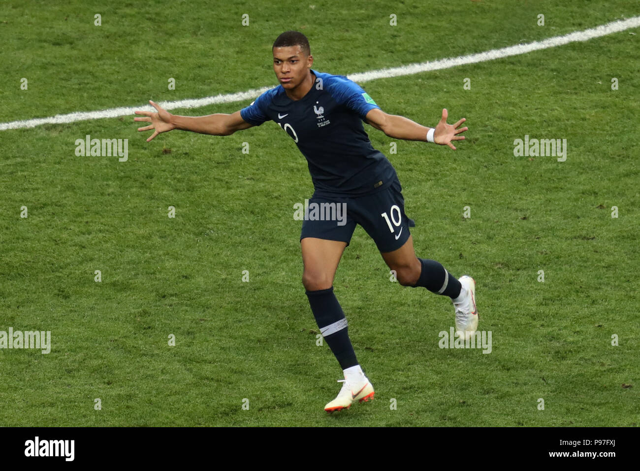 Kylian Mbappe FRANCE FRANCE V CROATIA, 2018 FIFA WORLD CUP FINAL 15 July 2018 GBC9699 France v Croatia 2018 FIFA World Cup Russia, Final STRICTLY EDITORIAL USE ONLY. If The Player/Players Depicted In This Image Is/Are Playing For An English Club Or The England National Team. Then This Image May Only Be Used For Editorial Purposes. No Commercial Use. The Following Usages Are Also Restricted EVEN IF IN AN EDITORIAL CONTEXT: Use in conjuction with, or part of, any unauthorized audio, video, data, fixture lists, club/league logos, Betting, Games or any 'live' services. Also R Stock Photo