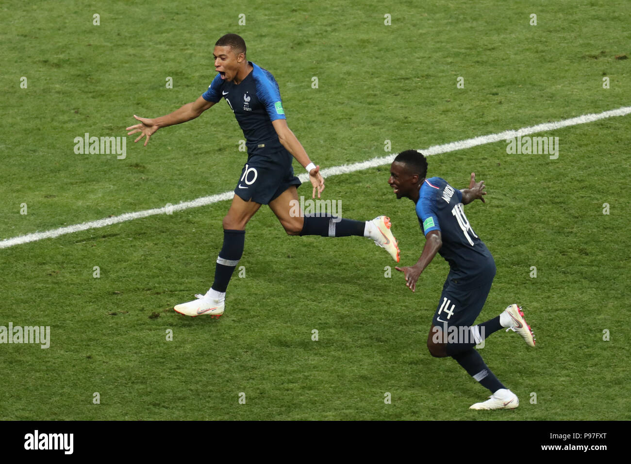Kylian Mbappe & Blaise Matuidi FRANCE V CROATIA FRANCE V CROATIA, 2018 FIFA WORLD CUP FINAL 15 July 2018 GBC9701 2018 FIFA World Cup Russia, Final STRICTLY EDITORIAL USE ONLY. If The Player/Players Depicted In This Image Is/Are Playing For An English Club Or The England National Team. Then This Image May Only Be Used For Editorial Purposes. No Commercial Use. The Following Usages Are Also Restricted EVEN IF IN AN EDITORIAL CONTEXT: Use in conjuction with, or part of, any unauthorized audio, video, data, fixture lists, club/league logos, Betting, Games or any 'live' services. Stock Photo