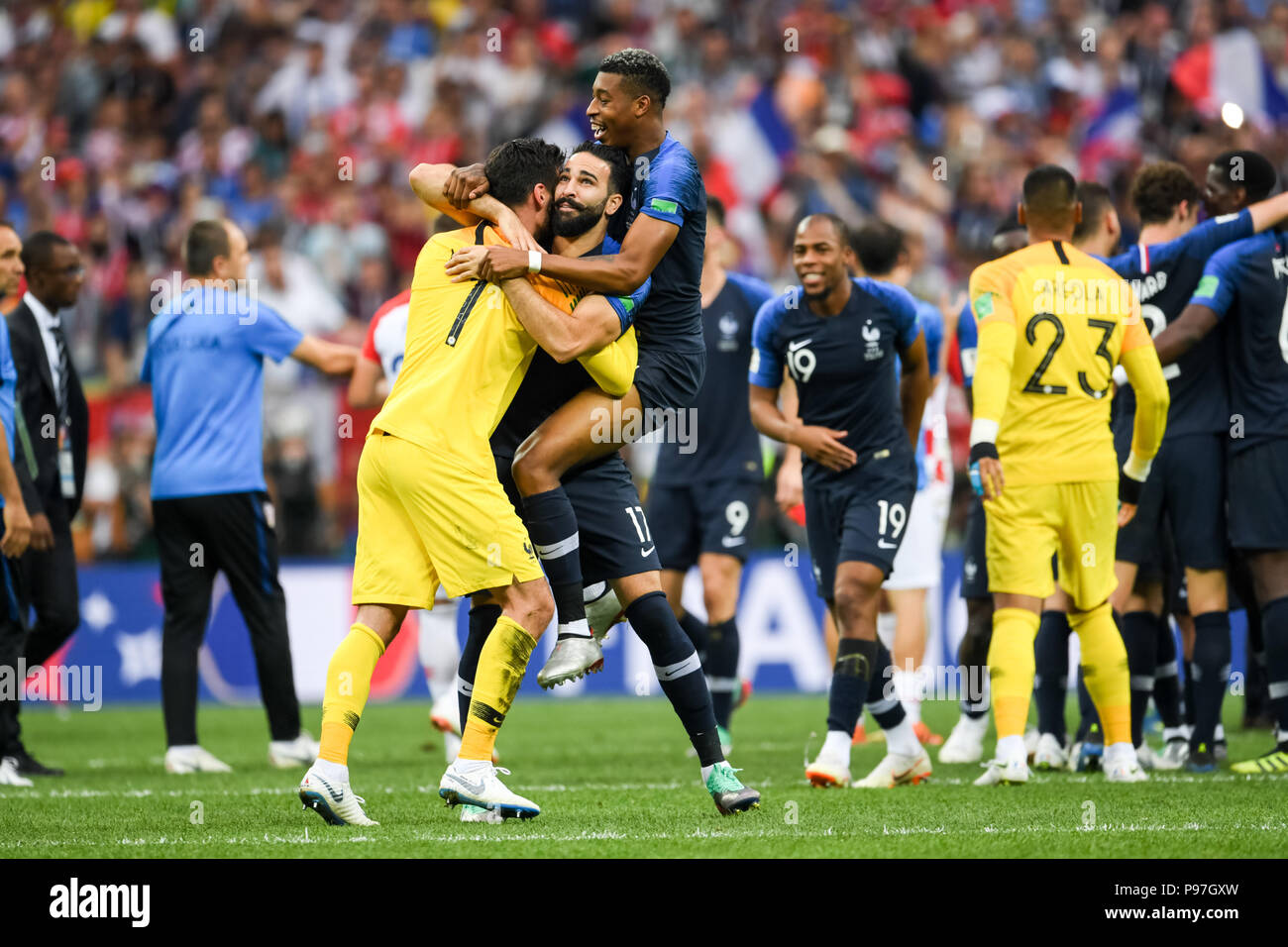 Moscow, Russia. 15th July 2018. Hugo Lloris of France and Adil Rami of France celebrating the victory at Luzhniki Stadium during the final between Franceand Croatia during the 2018 World Cup. Ulrik Pedersen/CSM Credit: Cal Sport Media/Alamy Live News Stock Photo