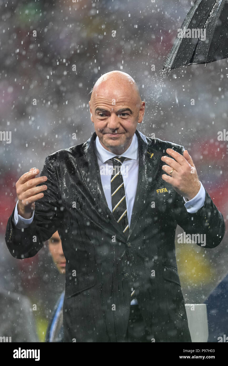 Moscow, Russia. 15th July 2018. Infantino very wet at Luzhniki Stadium during the final between Franceand Croatia during the 2018 World Cup. Ulrik Pedersen/CSM Credit: Cal Sport Media/Alamy Live News Stock Photo