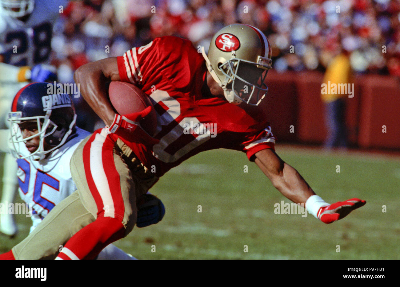 San Francisco, California, USA. 7th Aug, 1991. San Francisco 49ers vs. Denver  Broncos at Candlestick Park Wednesday, August 7, 1991. 49ers beat Broncos  24-6 in preseason game. 49er wide receiver Jerry Rice (