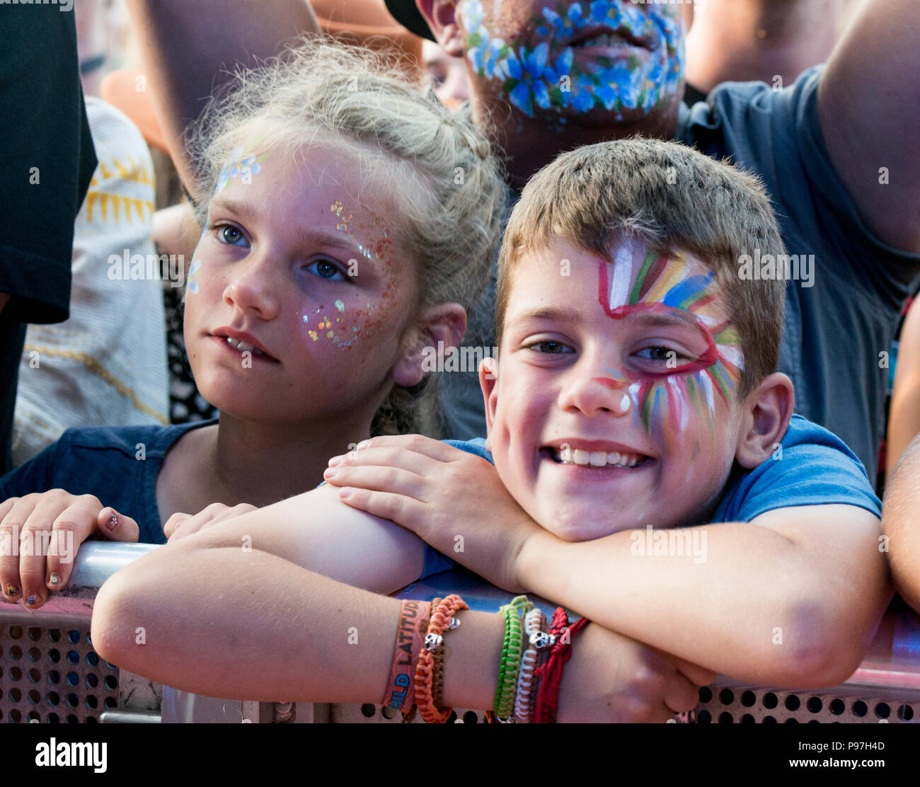 Young Rag 'n' Bone fans with painted faces at Latitude Festival, Henham Park, Suffolk, England, 15th July, 2018 Stock Photo