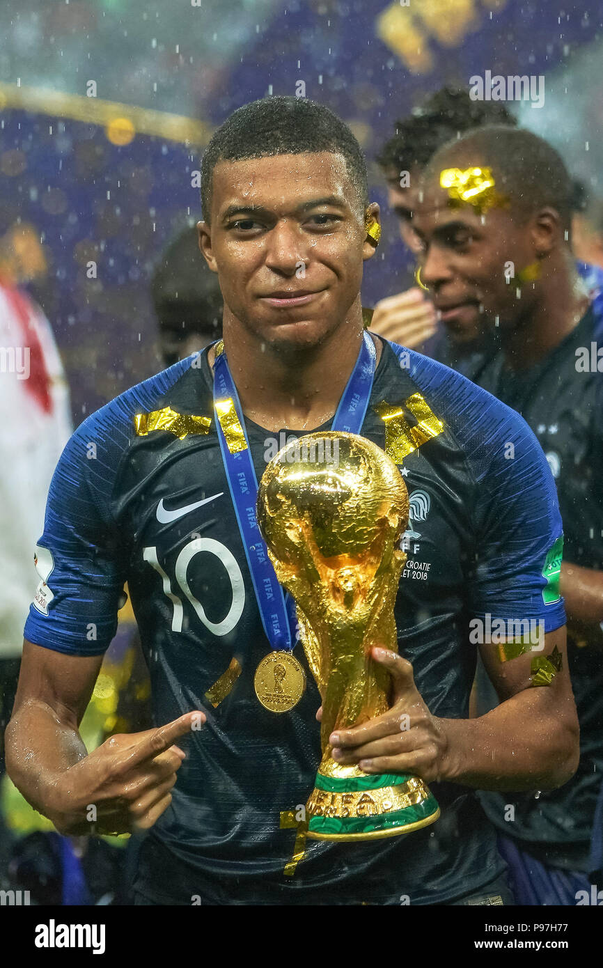 Luzhniki Stadium, Moscow, Russia. 15th July, 2018. FIFA World Cup Football Final, France versus Croatia; Kylian Mbappe of France with the trophy Credit: Action Plus Sports/Alamy Live News Stock Photo