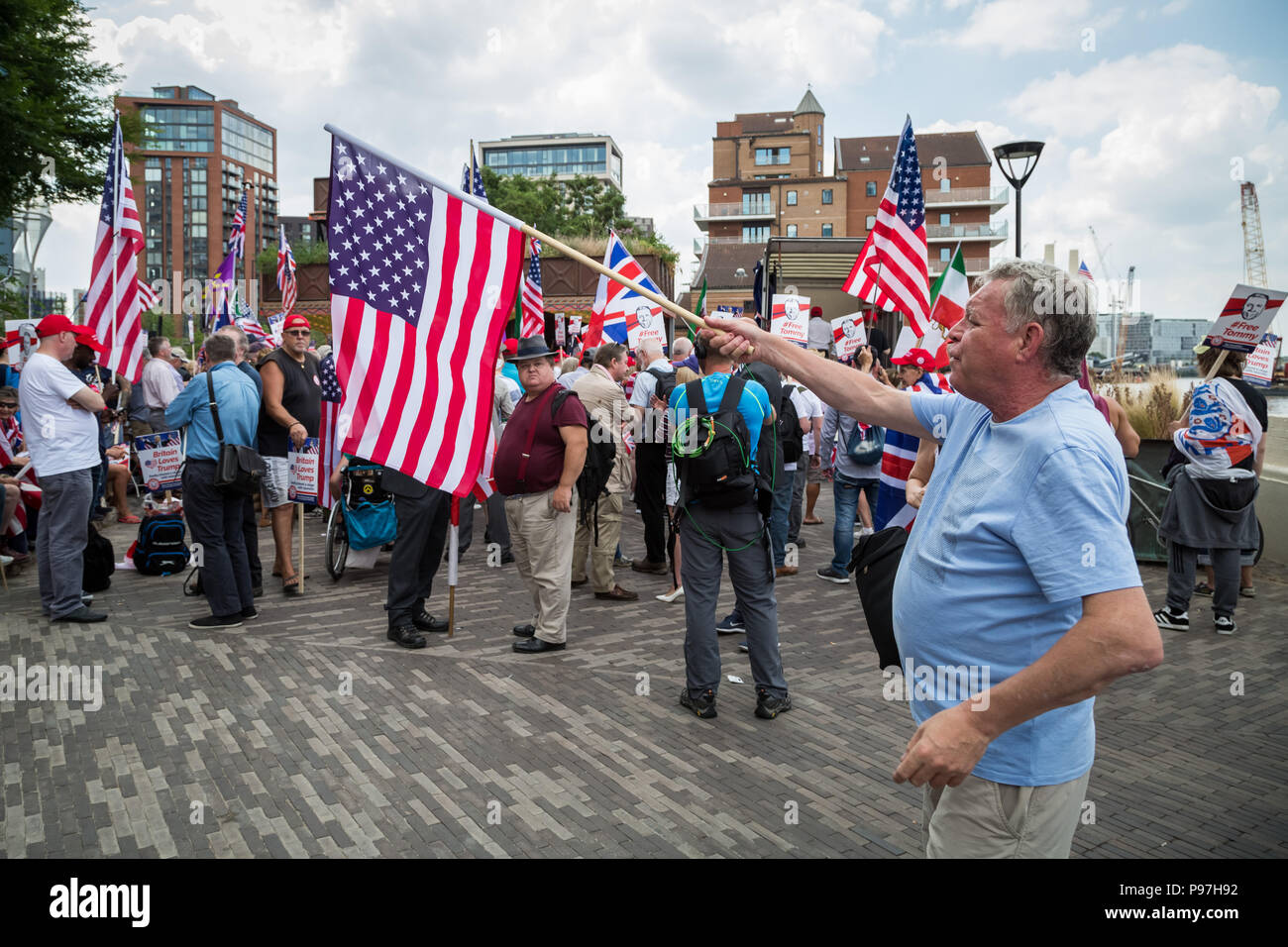 London, UK. 14th July 2018. Pro-Trump supporters gather near the US Embassy in London to celebrate the visit of the 45th President of the United States to UK. Credit: Guy Corbishley/Alamy Live News Stock Photo