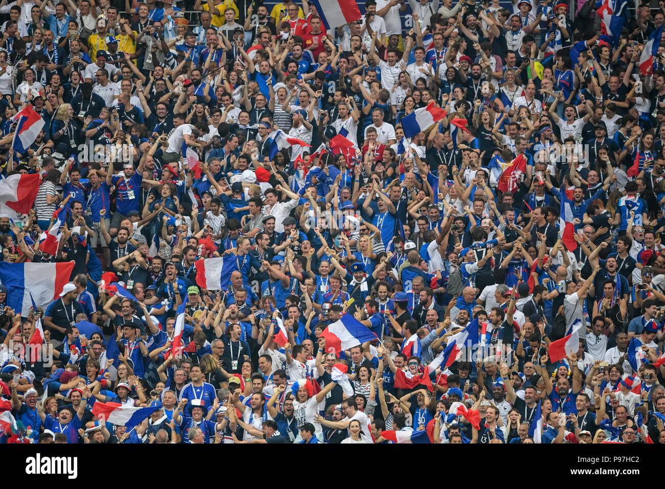 Moscow, Russia. 15th July 2018. French fans after scoring to 1-0 at Luzhniki Stadium during the final between Franceand Croatia during the 2018 World Cup. Ulrik Pedersen/CSM Credit: Cal Sport Media/Alamy Live News Stock Photo