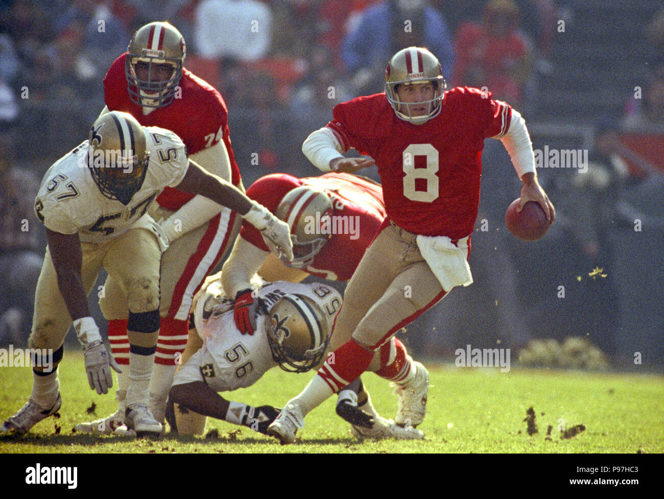 San Francisco, California, USA. 23rd Dec, 1990. San Francisco 49ers vs New  Orleans Saints at Candlestick Park Sunday, December 23, 1990. Saints beat  49ers 13-10. 49er defensive end Charles Haley (94) gives