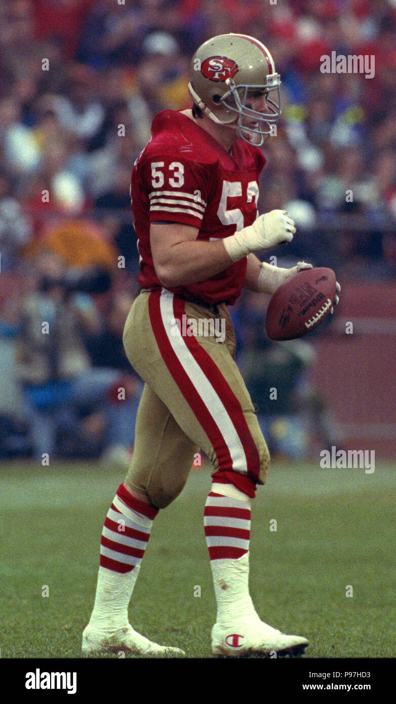 San Francisco, California, USA. 9th Jan, 1993. San Francisco 49ers vs.  Washington Redskins at Candlestick Park Saturday, January 9,1993. 49ers  Beat Redskins 20-13. San Francisco 49ers linebacker Bill Romanowski (53)  grabs Washington