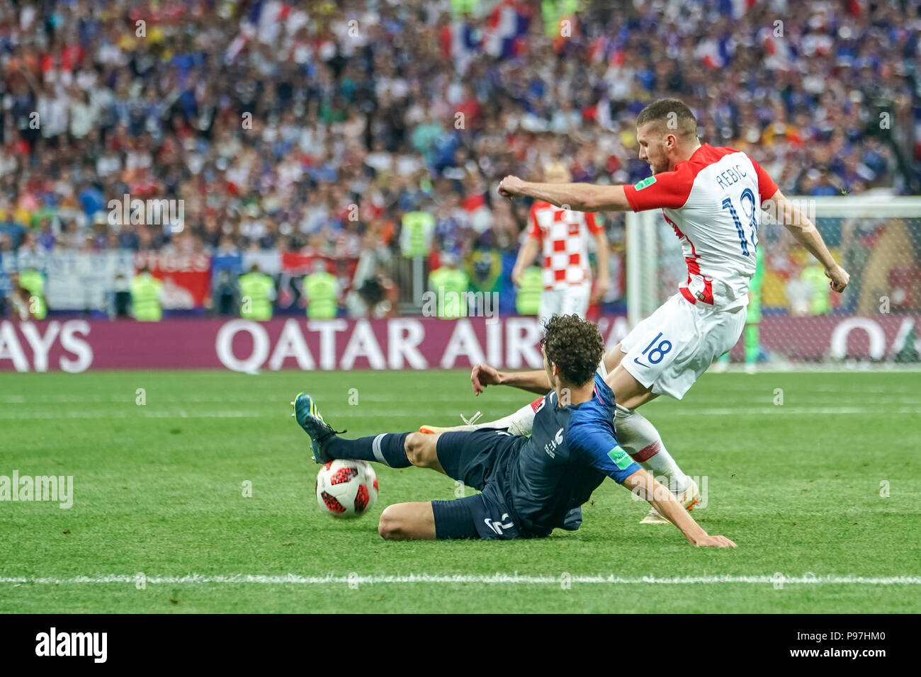 Moscow, Russia. 15th July 2018. Ante Rebic of Croatia being blocked by Benjamin Pavard of France at Luzhniki Stadium during the final between Franceand Croatia during the 2018 World Cup. Ulrik Pedersen/CSM Credit: Cal Sport Media/Alamy Live News Stock Photo