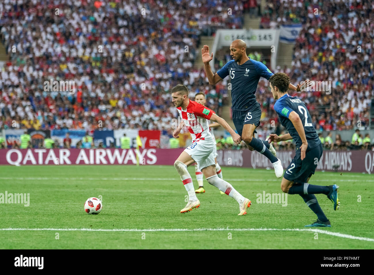 Moscow, Russia. 15th July 2018. Ante Rebic of Croatia dribbling by Steven Nzonzi of France at Luzhniki Stadium during the final between Franceand Croatia during the 2018 World Cup. Ulrik Pedersen/CSM Credit: Cal Sport Media/Alamy Live News Stock Photo