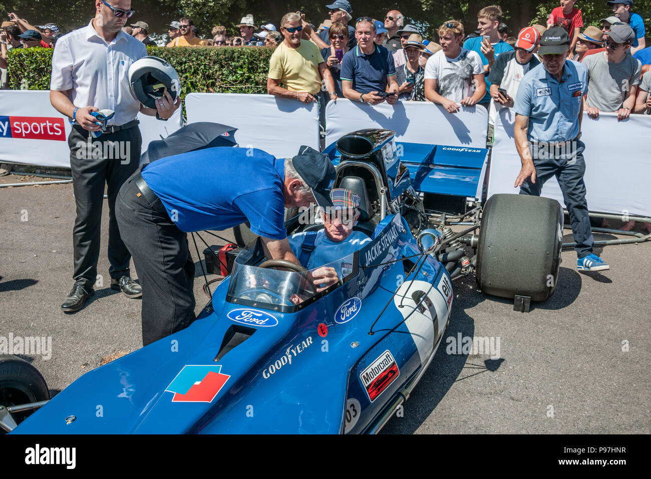 Goodwood Festival of Speed, West Sussex, UK. 15th July 2018. Celebrating 25 years, Silver Jubilee. Jackie Stewart former British Formula One racing legend, preparing to race.. © Gillian Downes/AlamyLive News Stock Photo