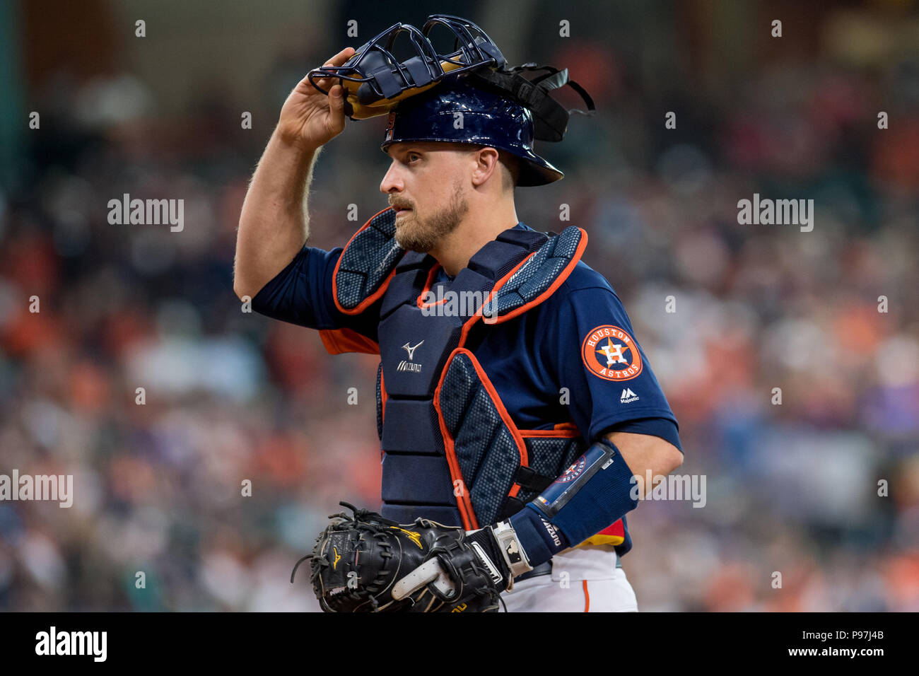 Houston, TX, USA. 15th July, 2018. Houston Astros catcher Tim Federowicz (19) during a Major League Baseball game between the Houston Astros and the Detroit Tigers at Minute Maid Park in Houston, TX. The Tigers won the game 6 to 3.Trask Smith/CSM/Alamy Live News Stock Photo